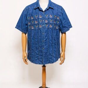 Mándale Bay Men's Blue Denim Short-Sleeve Embroidered Button-Down Shirt